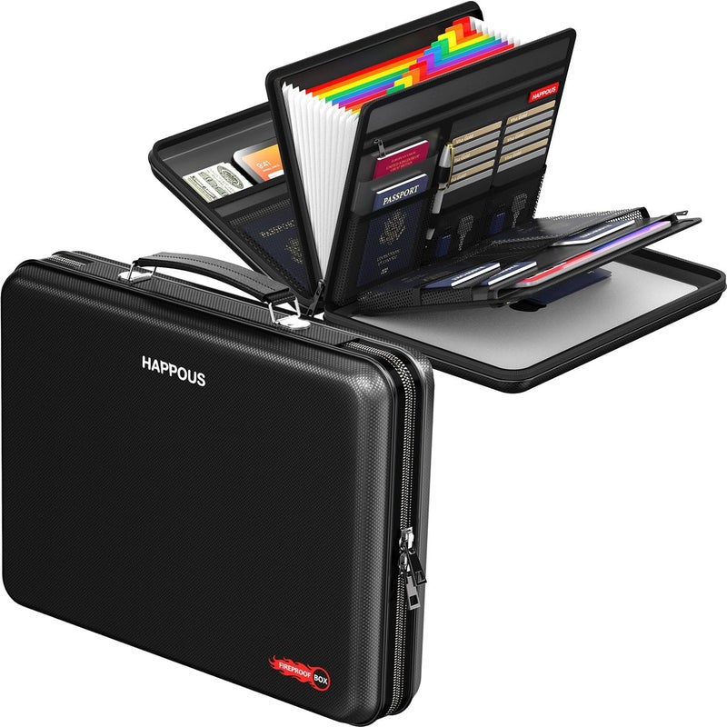 HAPPOUS Fireproof Document Organizer, Expanding File Organizer with 13 Pockets, Portable Fireproof Document Box Hard-Shell Document Organizer Storage for Documents Laptop Passports Cards Black - Image 1